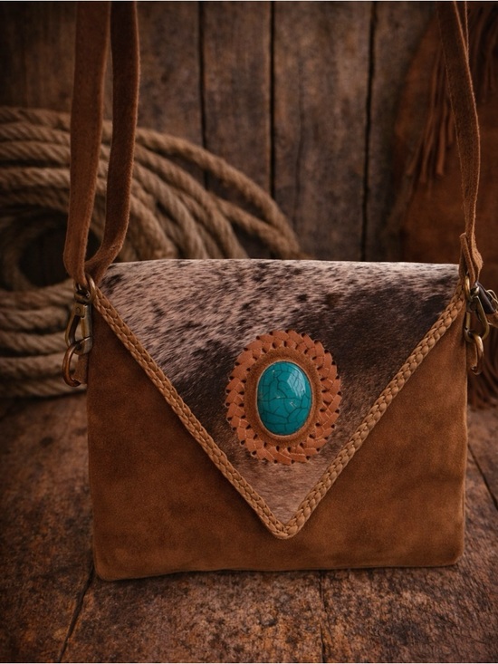 Handbags - Hand-Tooled Leather Crossbody Bag with Turquoise Accents - Brown